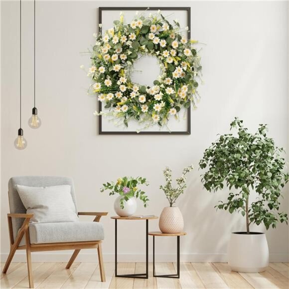 White Daisy Wreath 24 Inch Spring Summer Wreath Fake Silk Floral Wreath - Picture 6 of 8
